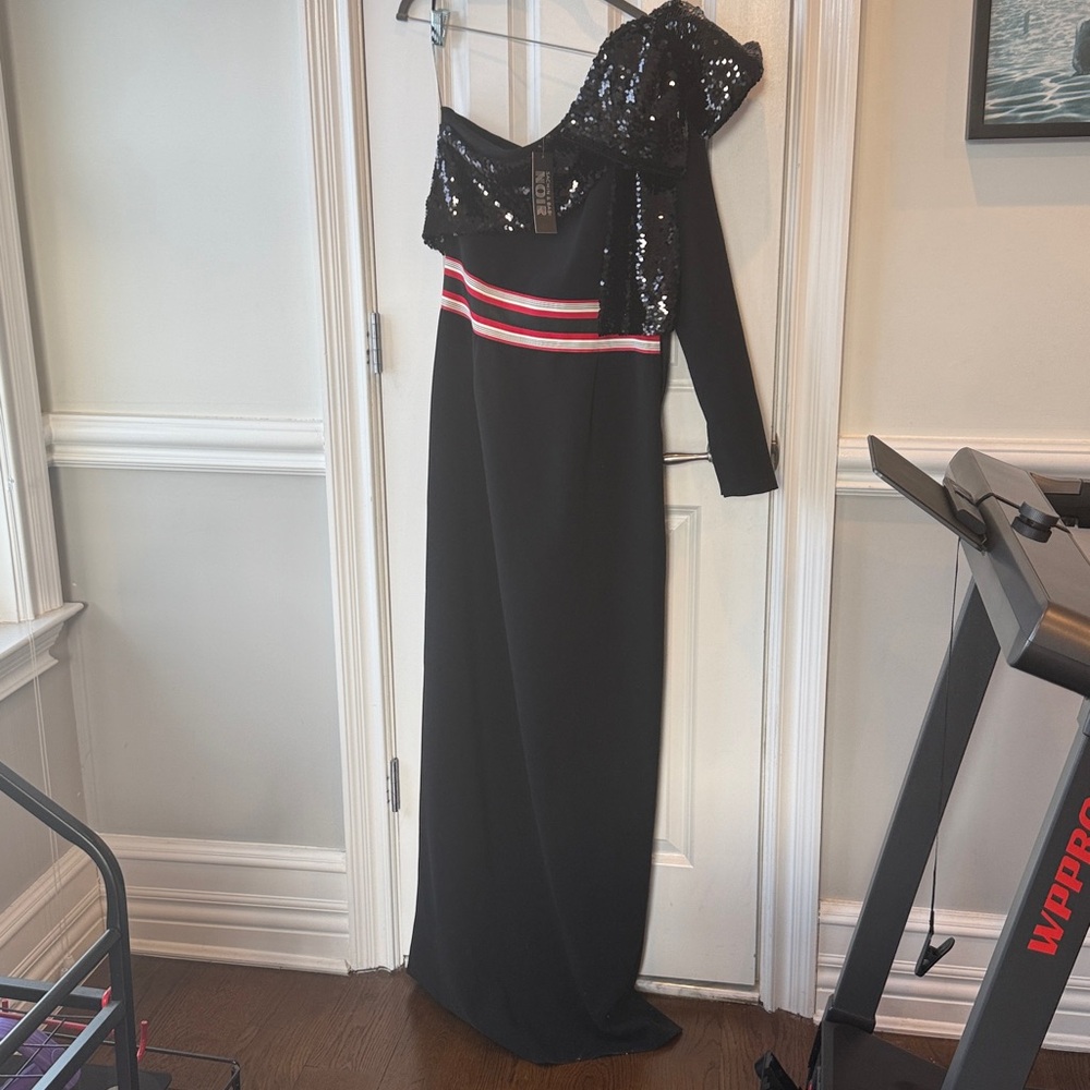 Sachin & Babi Black Sequin Off-Shoulder Gown with Red and White Stripes
